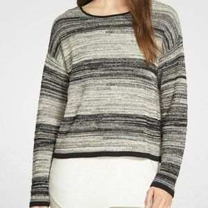 Eileen Fisher Wool and Linen Black and Beige Striped Crew Neck Winter Sweater